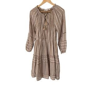Destination 365 Long Sleeve Split Neck Dress 100% Cotton Tan White Small Petite